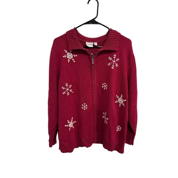 Sonoma Life Style Full Zip Cardigan Sweater Red Plus Sz 2X Snowflakes Holiday - Picture 1 of 10